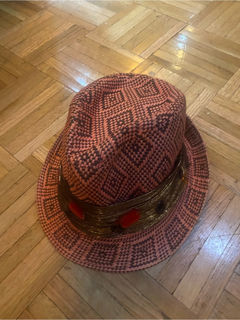 Woven Pattern Fedora Hat in Coral and Black with Decorative Band